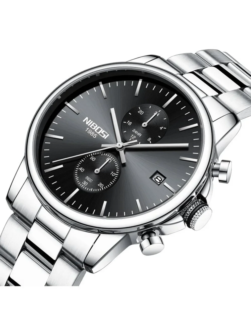 Men's Silver Black Stainless Steel Quartz Waterproof Day Date Casual Wrist Watch